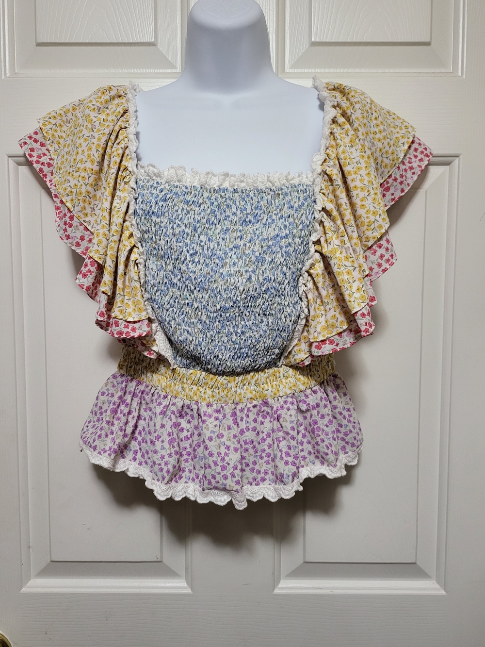 Stellah Blue Smocked Floral Ruffle BOHO Top with Yellow and Lavender Panels